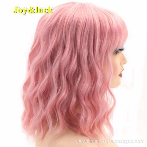 Ladies Wholesale Prices Wig With Bangs Cosplay Shoulder Length Bobo Hairstyle Natural Water Wave Copper Red Synthetic Hair Wigs